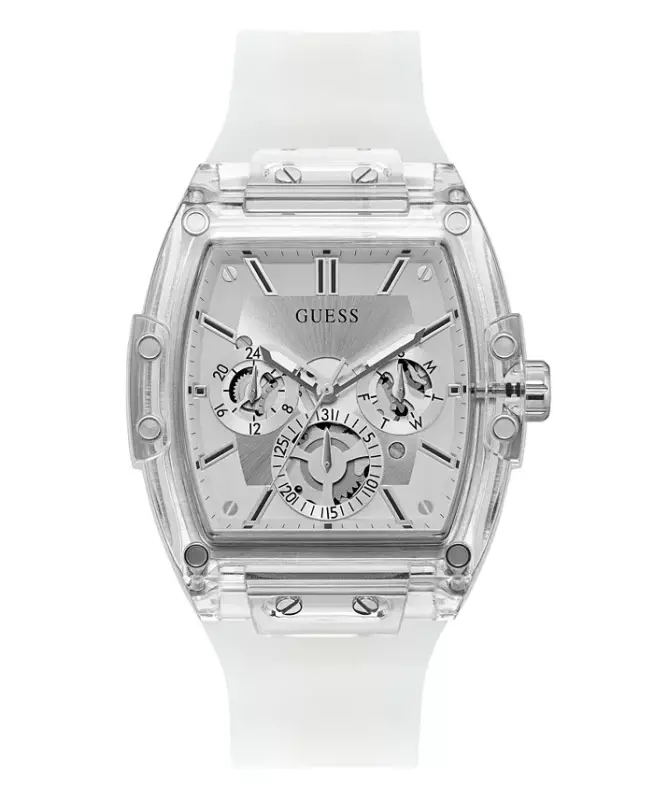 Men's Multi-Function Transparent and Silver-Tone Silicone Strap Watch 43mm-Clear - GUESS