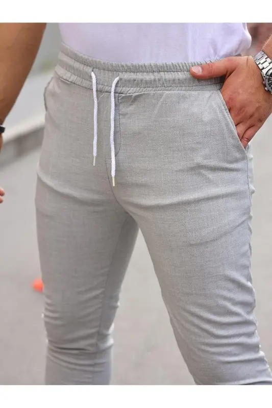 Erkek Dar Paça Bel Lastik Basic Gri Jogger Pantolon - 2