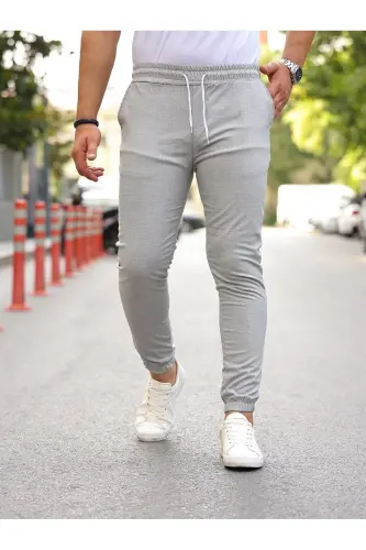 Erkek Dar Paça Bel Lastik Basic Gri Jogger Pantolon - 3