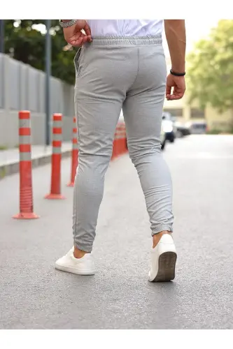 Erkek Dar Paça Bel Lastik Basic Gri Jogger Pantolon - 4