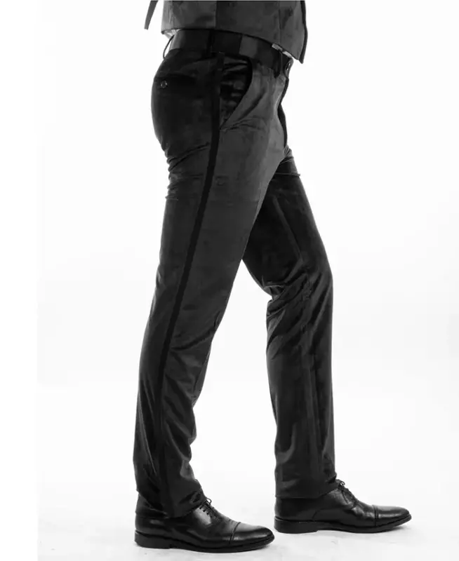 Men's Skinny Modern Fit Velvet Tuxedo Dress Pants-Black - 3