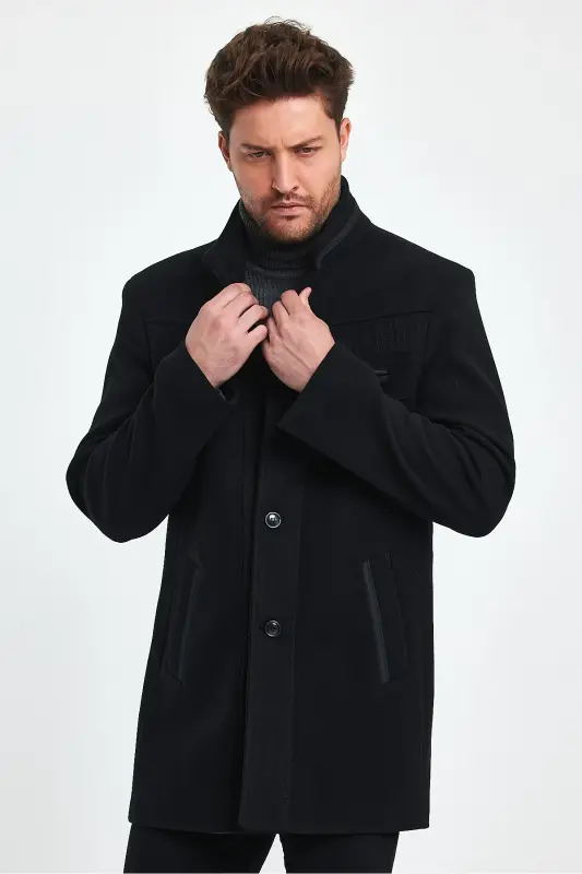 Erkek Slim Fit Siyah Kaşe Kaban - SİYAH - 5