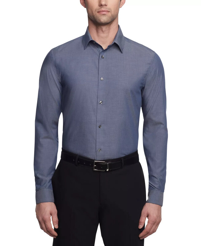 Men's Slim-Fit Non-Iron Herringbone Dress Shirt - Stream - 1