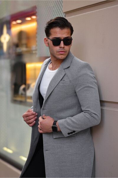 Erkek Dar Kesim Uzun Kaşe Kaban-gri - 7