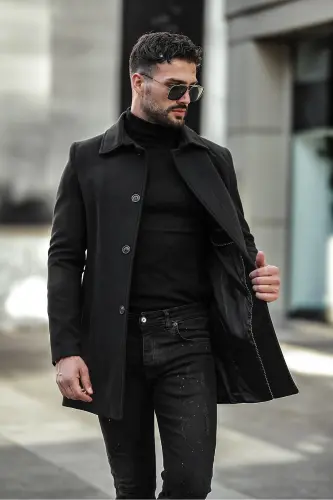 Erkek Dar Kesim Uzun Kaşe Kaban-Siyah 