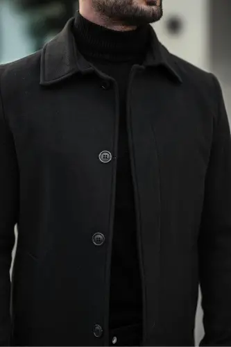 Erkek Dar Kesim Uzun Kaşe Kaban-Siyah - 6