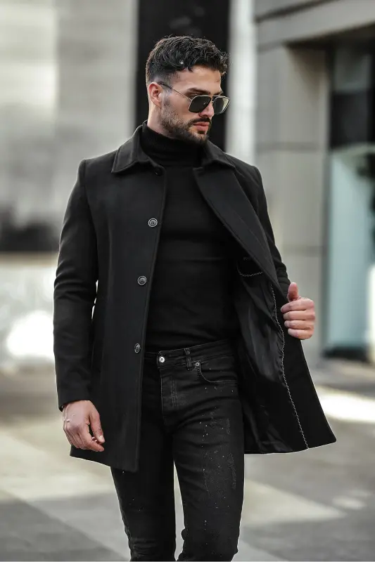 Erkek Dar Kesim Uzun Kaşe Kaban-Siyah - 1