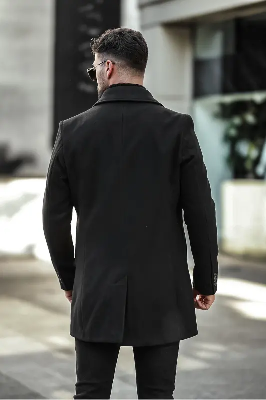 Erkek Dar Kesim Uzun Kaşe Kaban-Siyah - 5