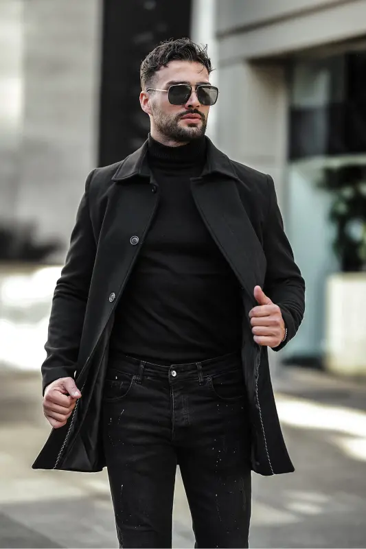 Erkek Dar Kesim Uzun Kaşe Kaban-Siyah - 2