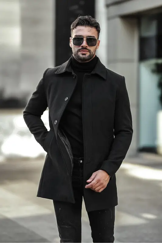 Erkek Dar Kesim Uzun Kaşe Kaban-Siyah - 3