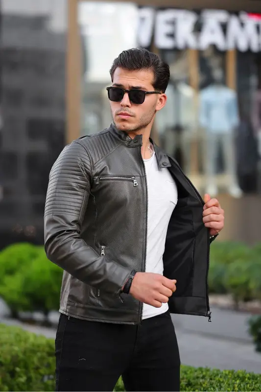 Erkek Deri Ceket deri mont-haki - 2