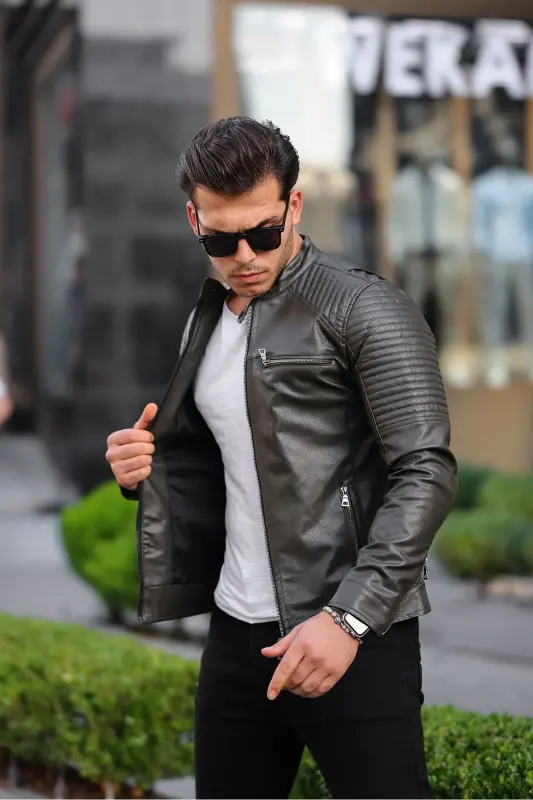 Erkek Deri Ceket deri mont-haki - 4