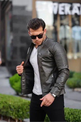 Erkek Deri Ceket deri mont-haki - 4