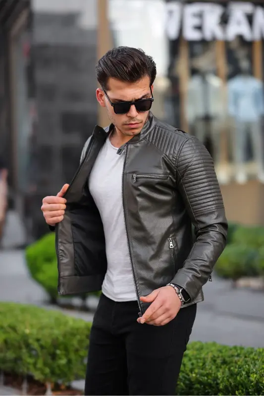 Erkek Deri Ceket deri mont-haki - BOYMEN