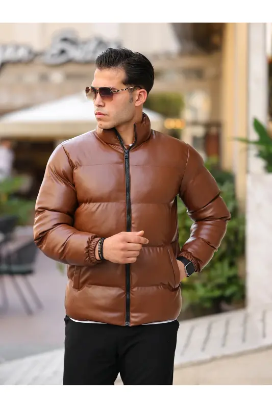 Erkek Deri Kışlık Mont Su Ve Soğuk Geçirmez Şişme Mont-TABA - 2