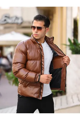 Erkek Deri Kışlık Mont Su Ve Soğuk Geçirmez Şişme Mont-TABA - 3