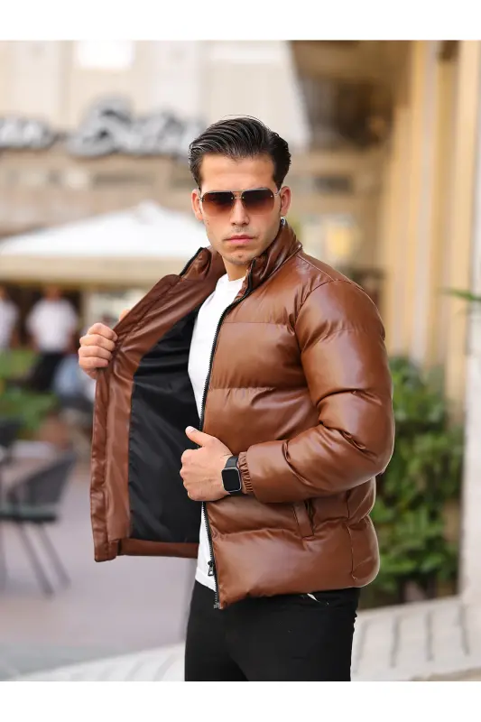 Erkek Deri Kışlık Mont Su Ve Soğuk Geçirmez Şişme Mont-TABA - BOYS MANS