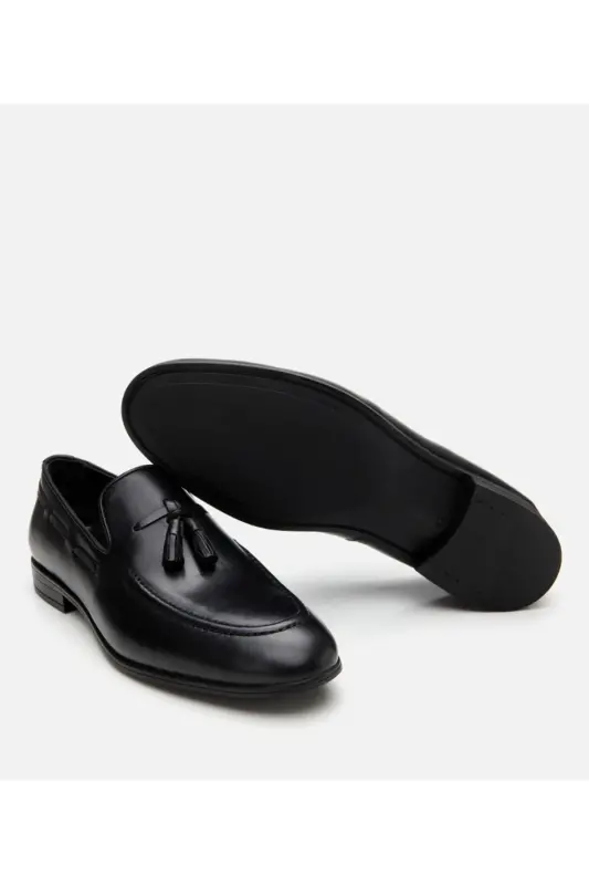 Erkek Deri Siyah Püskül Detaylı Loafer-SİYAH - 6