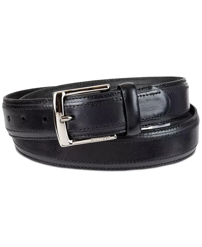 Men’s Stitched Classic Dress Leather Belt-Black - Tommy Hilfiger
