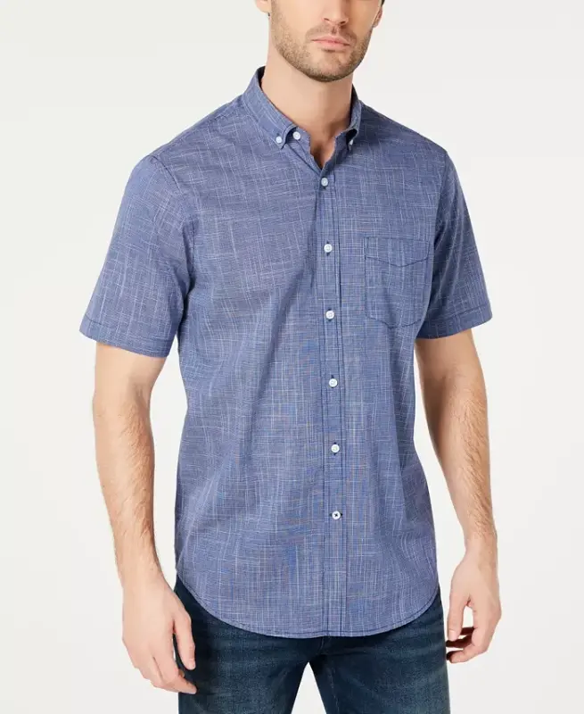Men's Texture Check Stretch Cotton Shirt, Created for Modazone - Navy Stone - CLUB ROOM
