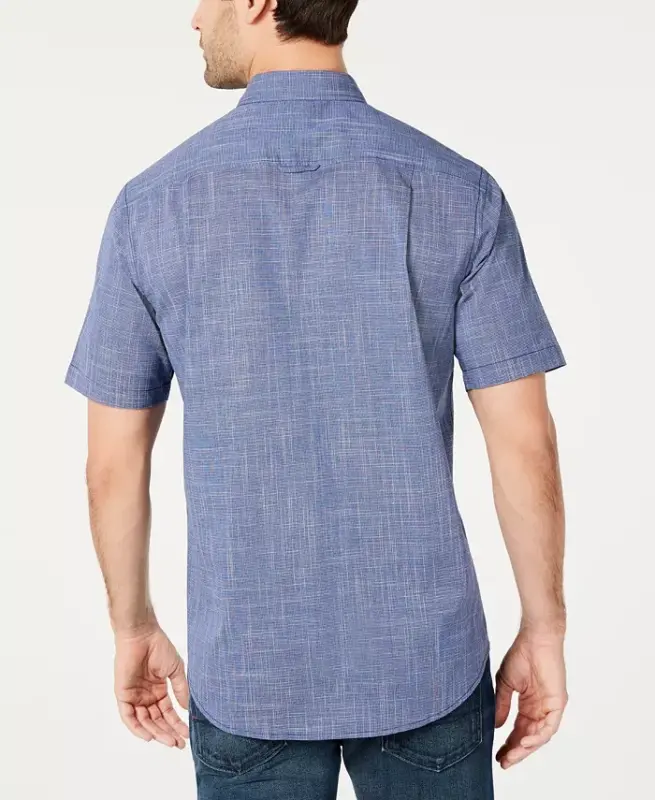 Men's Texture Check Stretch Cotton Shirt, Created for Modazone - Navy Stone - 2