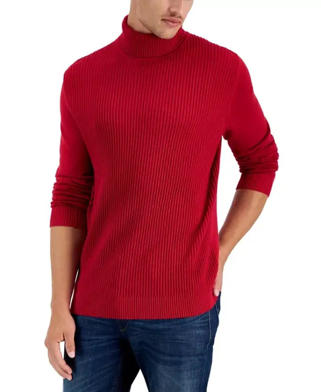 Men's Textured Cotton Turtleneck Sweater, Created for Modazone - Fire - 1
