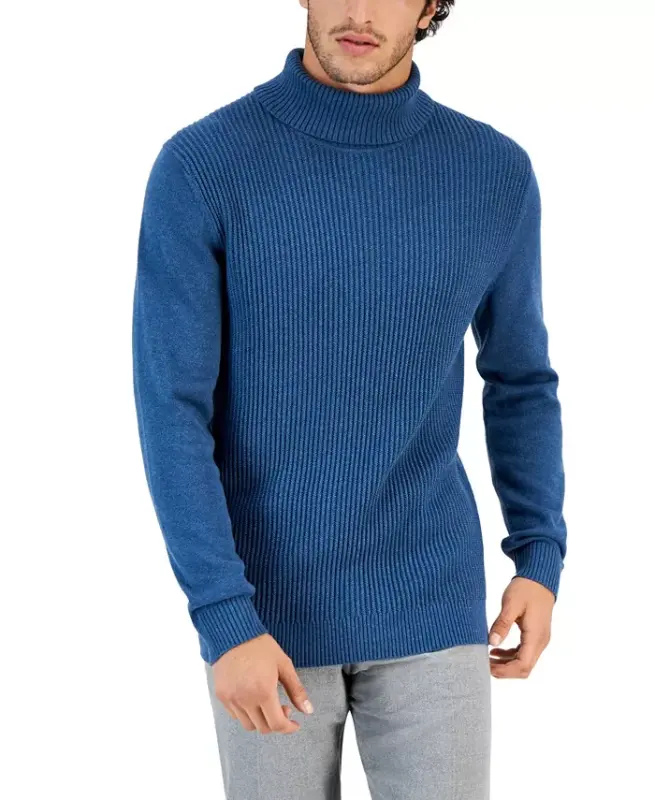 Men's Textured Cotton Turtleneck Sweater, Created for Modazone - Blue Wing Hthr - CLUB ROOM
