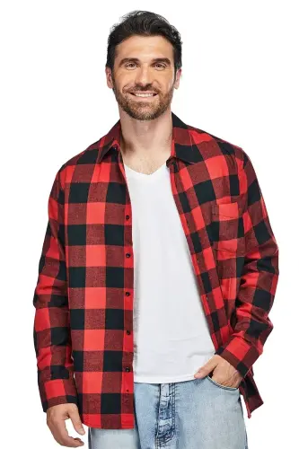 Men's Button Down Classic Fit Flannel Shirt - Black red 
