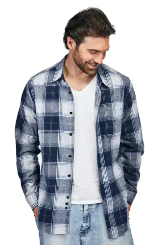 Men's Button Down Classic Fit Flannel Shirt - Blue heather - BRAVEMAN (1)