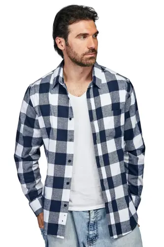 Men's Button Down Classic Fit Flannel Shirt - Navy white - 1