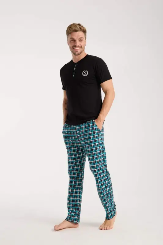 Erkek Düğmeli Yaka Siyah Kısa Kol Pijama Takımı - 4
