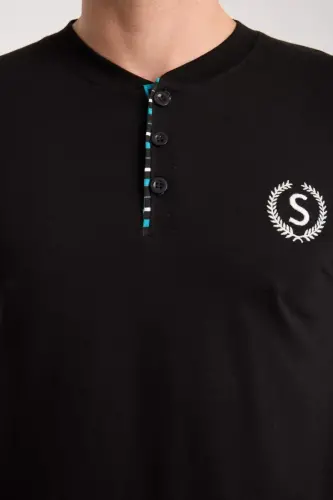 Erkek Düğmeli Yaka Siyah Kısa Kol Pijama Takımı - 7