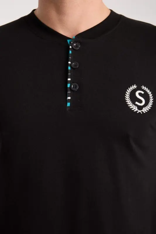 Erkek Düğmeli Yaka Siyah Kısa Kol Pijama Takımı - 7