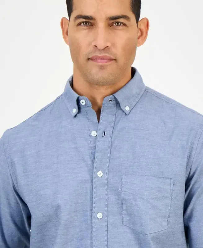 Men's Solid Stretch Oxford Cotton Shirt, Created for Modazone-Fresh Indigo - 3
