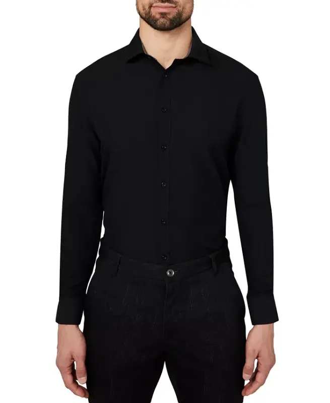 Men's Regular Fit Solid Wrinkle Free Performance Dress Shirt - Black - 2