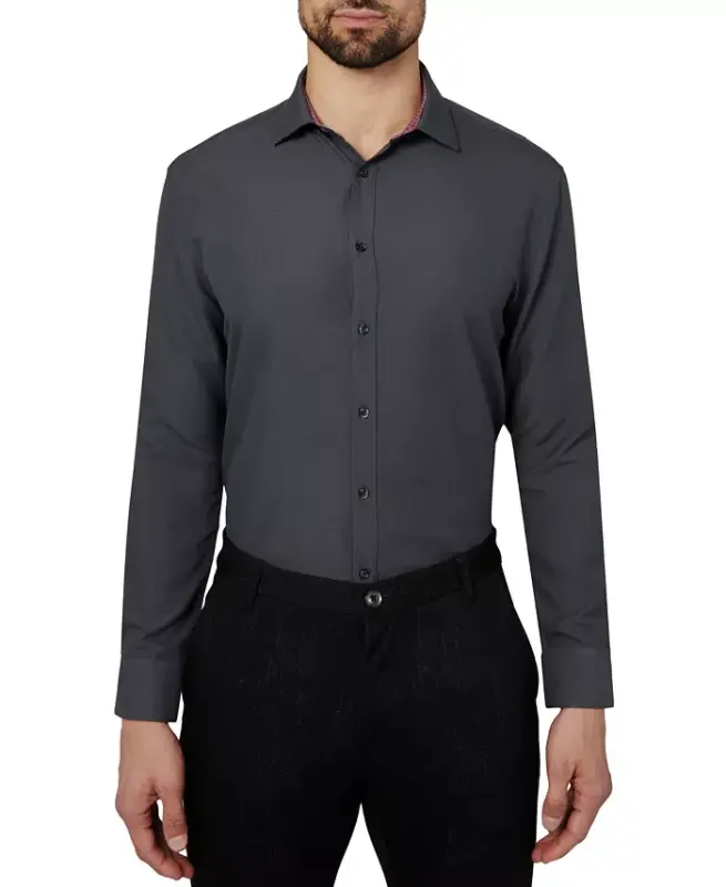 Men's Regular Fit Solid Wrinkle Free Performance Dress Shirt - Charcoal - 2