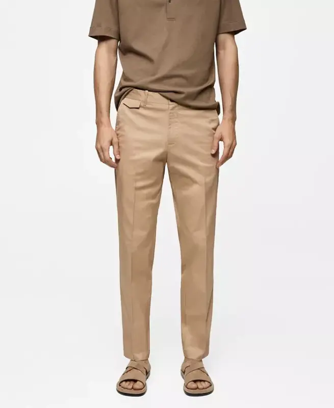 Men's Regular Fit Structure Cotton Trousers - Beige - 1