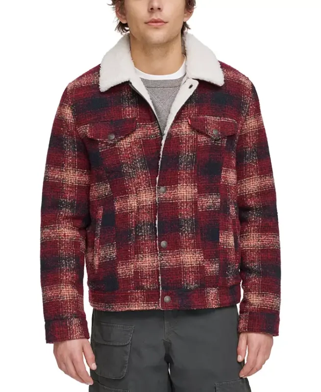 Men's Plaid Fleece-Lined Trucker Jacket - Red Multi - LEVI'S