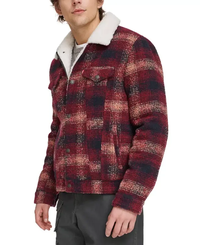 Men's Plaid Fleece-Lined Trucker Jacket - Red Multi - 3