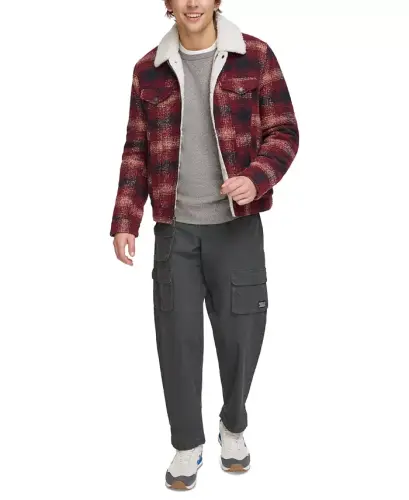 Men's Plaid Fleece-Lined Trucker Jacket - Red Multi - 5