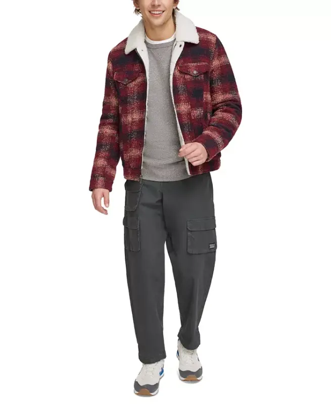Men's Plaid Fleece-Lined Trucker Jacket - Red Multi - 5