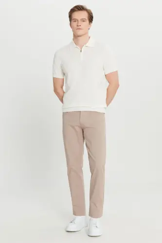 Erkek Ekru %100 Pamuk Standart Fit Normal Kesim Polo Yaka Triko Tişört-Ekru - 3