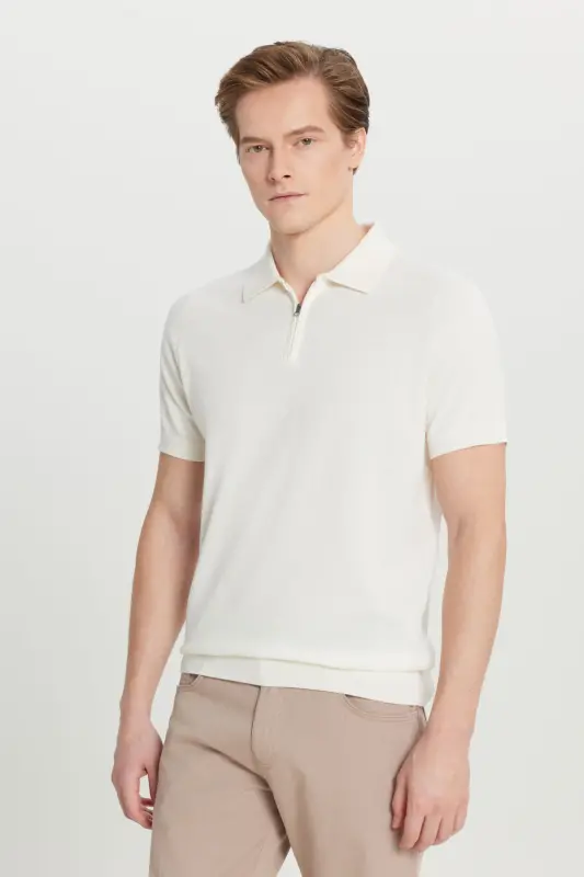 Erkek Ekru %100 Pamuk Standart Fit Normal Kesim Polo Yaka Triko Tişört-Ekru - 4