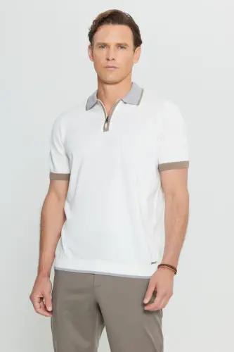 Erkek Ekru %100 Pamuk Standart Fit Normal Kesim Polo Yaka Triko Tişört - Ekru 