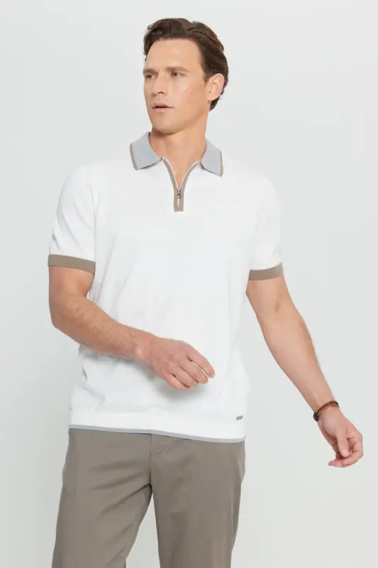 Erkek Ekru %100 Pamuk Standart Fit Normal Kesim Polo Yaka Triko Tişört-Ekru - 3