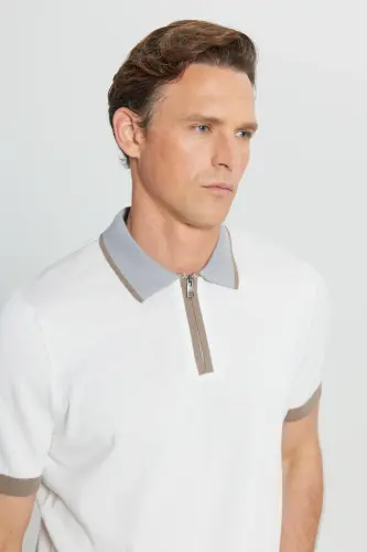 Erkek Ekru %100 Pamuk Standart Fit Normal Kesim Polo Yaka Triko Tişört-Ekru - 4