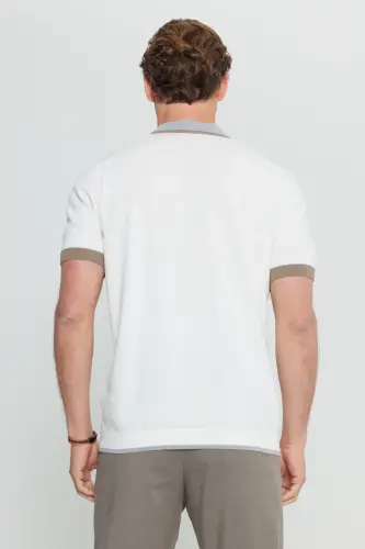 Erkek Ekru %100 Pamuk Standart Fit Normal Kesim Polo Yaka Triko Tişört-Ekru - 5