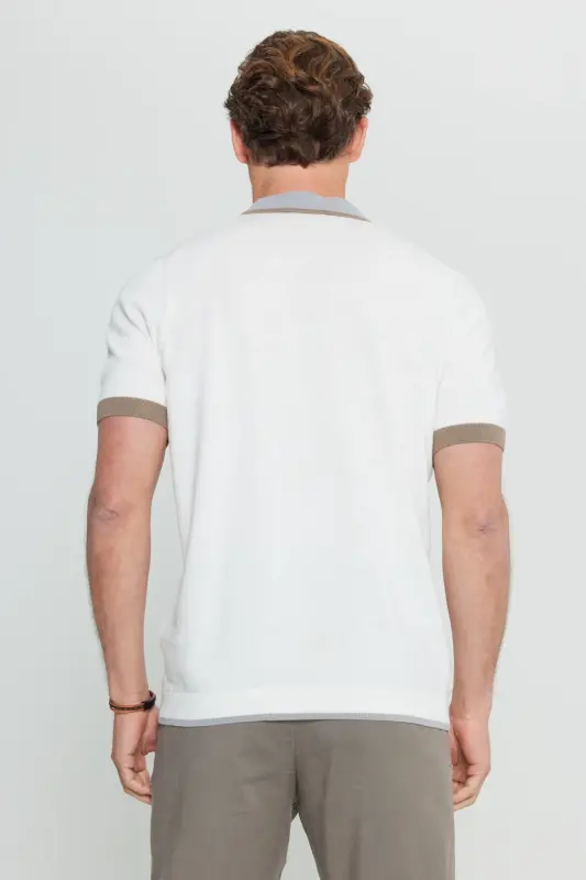 Erkek Ekru %100 Pamuk Standart Fit Normal Kesim Polo Yaka Triko Tişört-Ekru - 5
