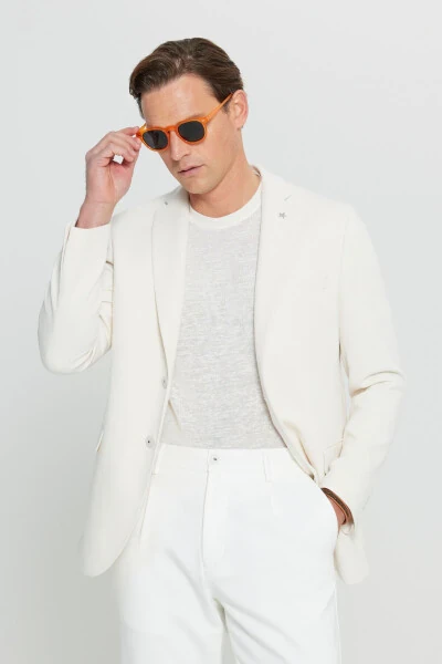 Erkek Ekru 360 Her Yöne Esneyen Pamuklu Esnek Slim Fit Dar Kesim Mono Yaka Armürlü Blazer Ceket-Ekru - ALTINYILDIZ CLASSICS