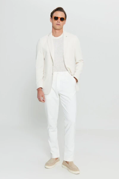 Erkek Ekru 360 Her Yöne Esneyen Pamuklu Esnek Slim Fit Dar Kesim Mono Yaka Armürlü Blazer Ceket-Ekru - ALTINYILDIZ CLASSICS (1)